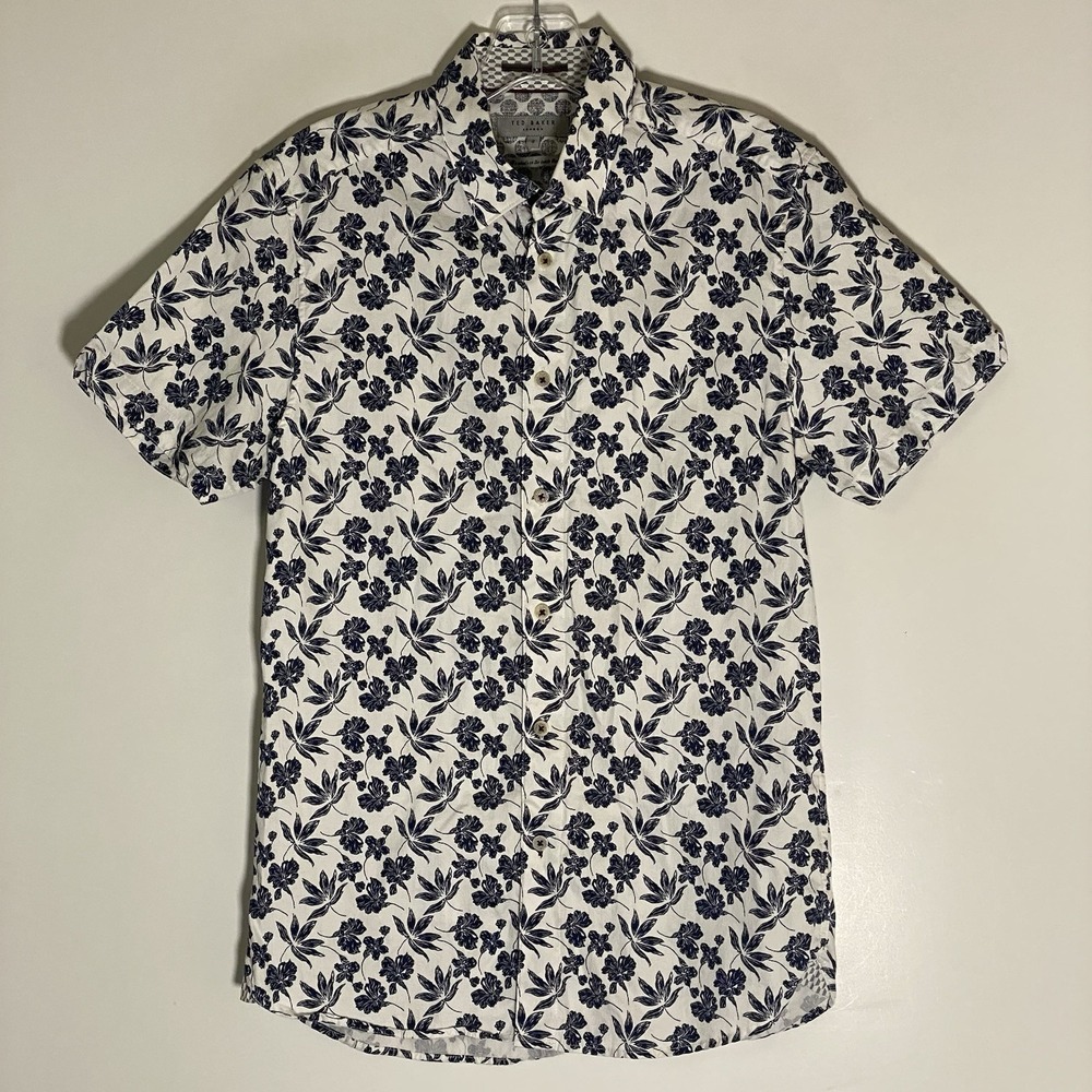 Ted Baker‎ London Shirt Mens Small Blue White Floral V Notch Short Sleeve Casual